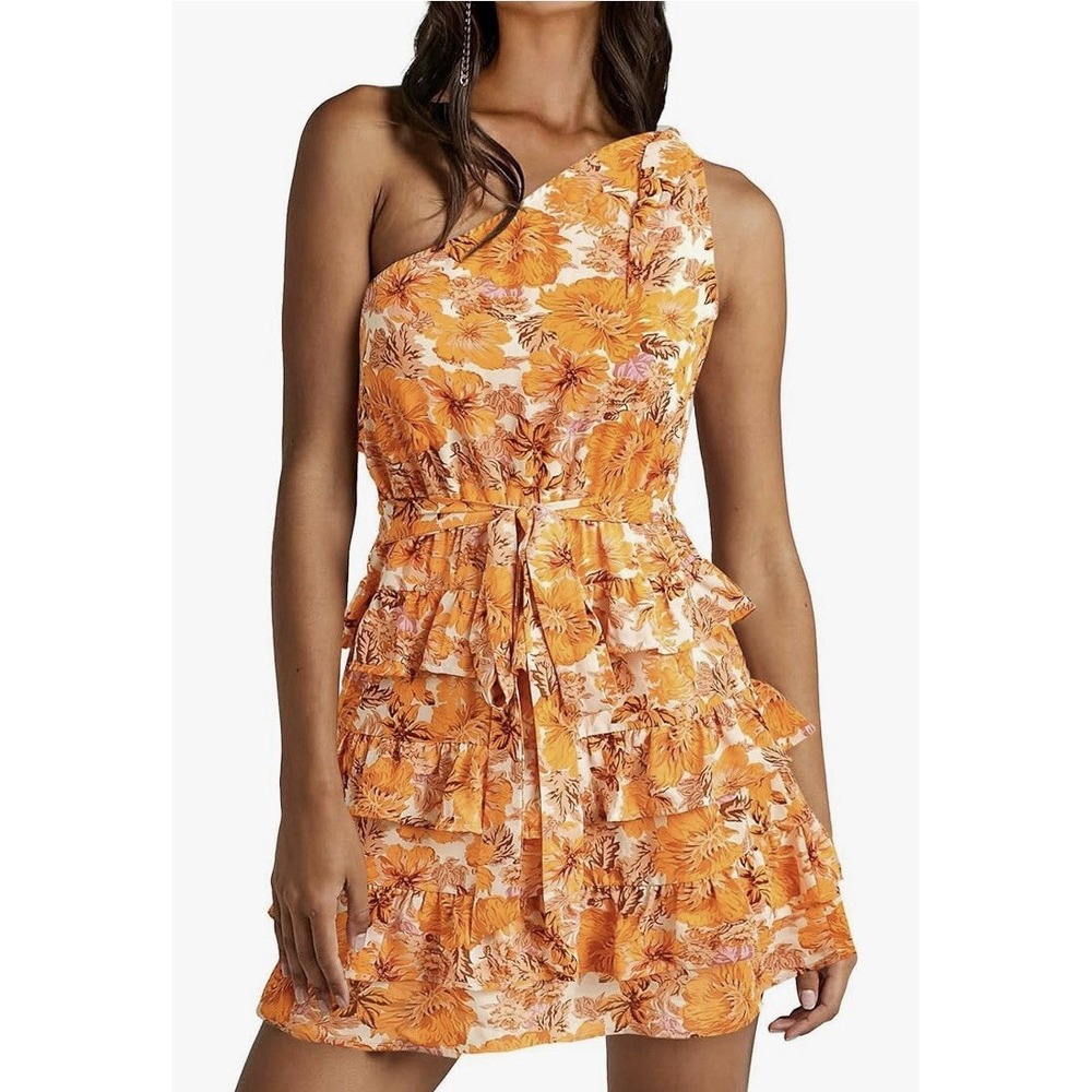 BTFBM‎ One Shoulder Casual Summer Dress Floral Boho Ruffle Flowy Mini Dress L